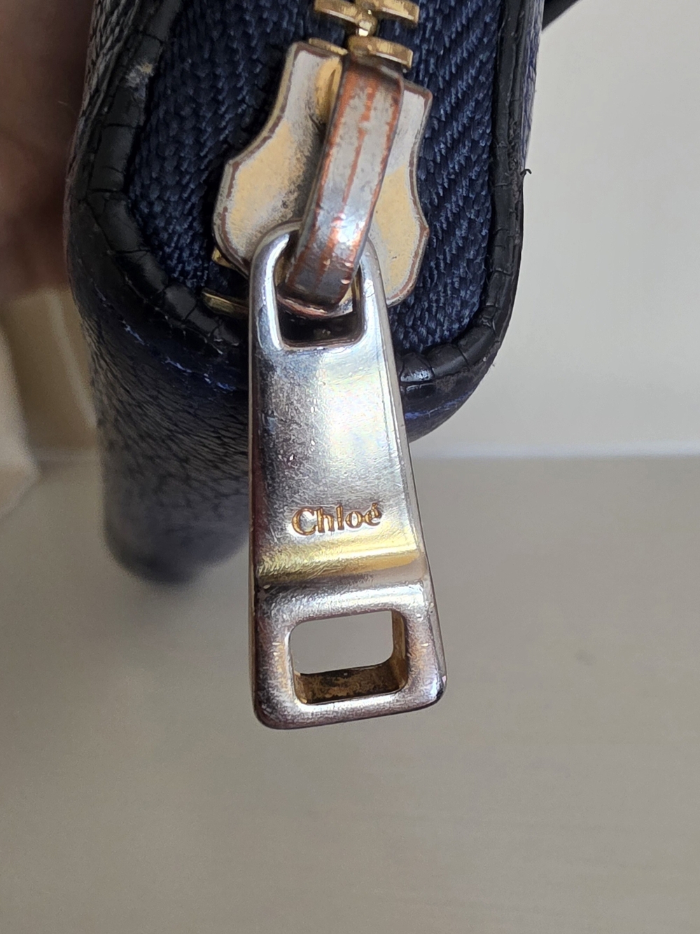Chloe Navy Leather Zip Wallet with Gold Hardware And Chain Detail - Picture 3 of 14